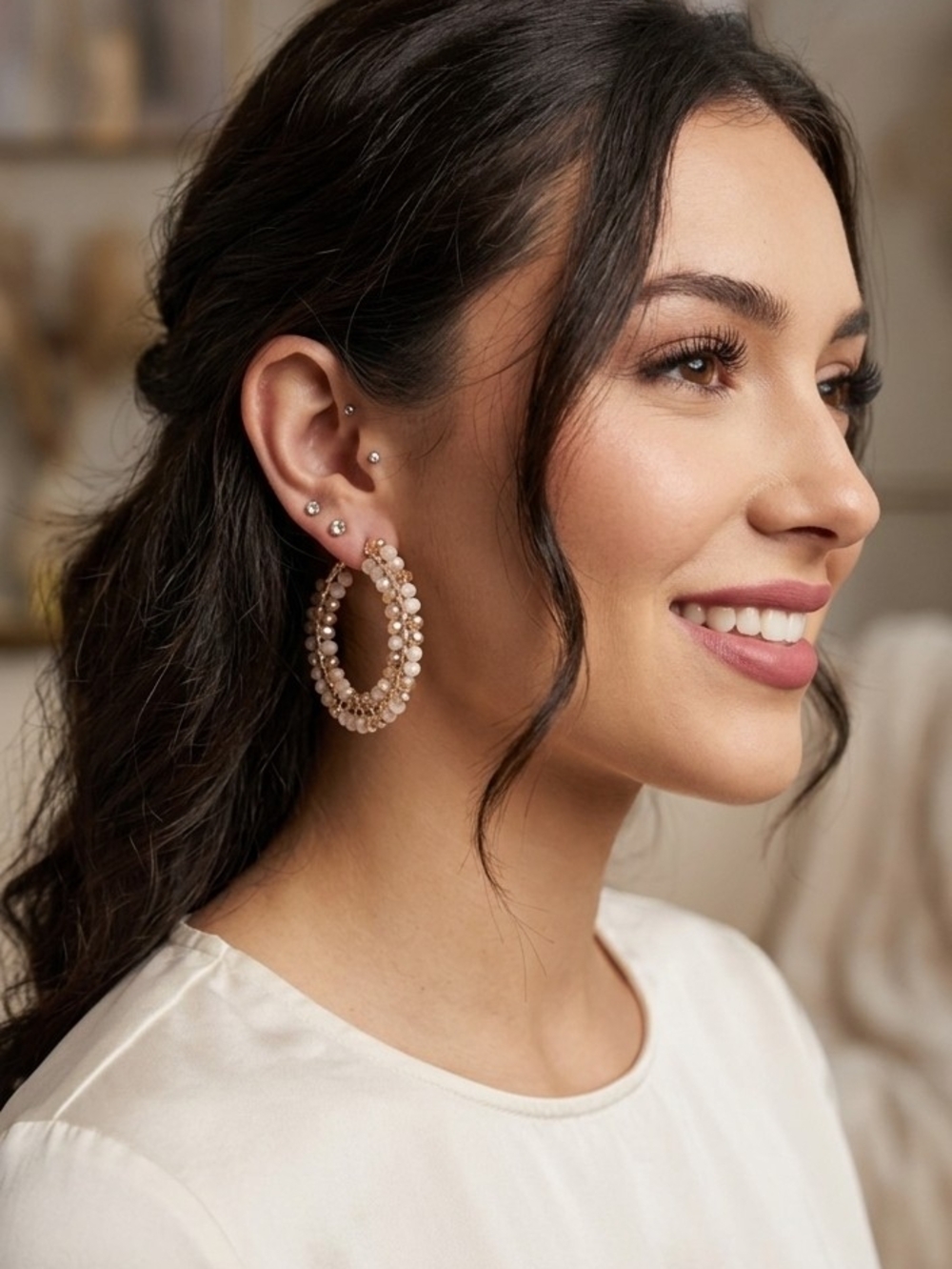 Gold Hoop Earrings with Cream Pearls - Women Jewelry